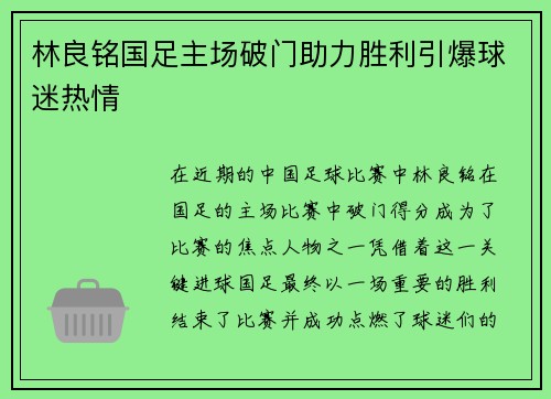 林良铭国足主场破门助力胜利引爆球迷热情